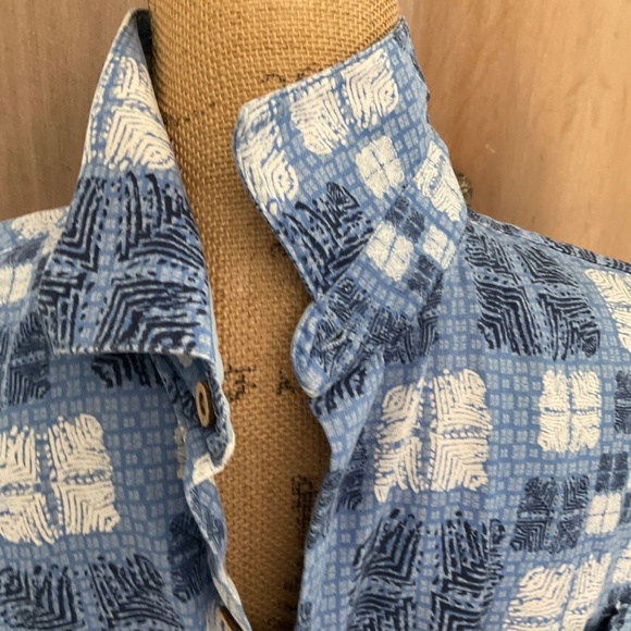 Nat Nast Button Blue 70% Silk 30%Cotton Camp Shirt Sz L Hawaiian geometric - Picture 5 of 16